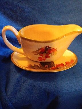Yellow Floral Ceramic Gravy Boat with Saucer